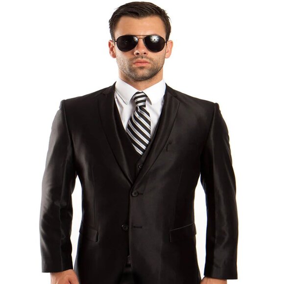 Mens Tazio Vested Slim Fit Shiny Sharkskin Suit in Black - Picture 1 of 2